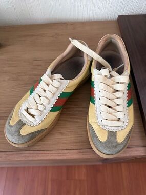 Authentic Gucci Yellow Suede & Leather Sneakers with Green-Red Web Stripe